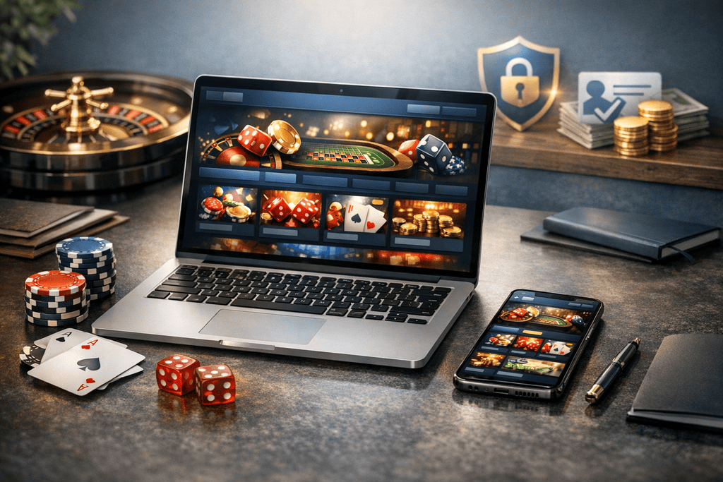 Ein moderner Schreibtisch mit geöffnetem Laptop und Smartphone, beide zeigen eine generische Online-Casino-Oberfläche. Umgeben von Pokerchips, Spielkarten und Roulette-Details, kombiniert mit subtilen Symbolen für Sicherheit, Lizenz und Auszahlung. Elegante, seriöse Szene im 16:9-Format mit viel Freiraum für Headline-Overlay. Darstellung von casino ohne oasis im Jahr 2026, fotorealistisch, clean und vertrauenswürdig.