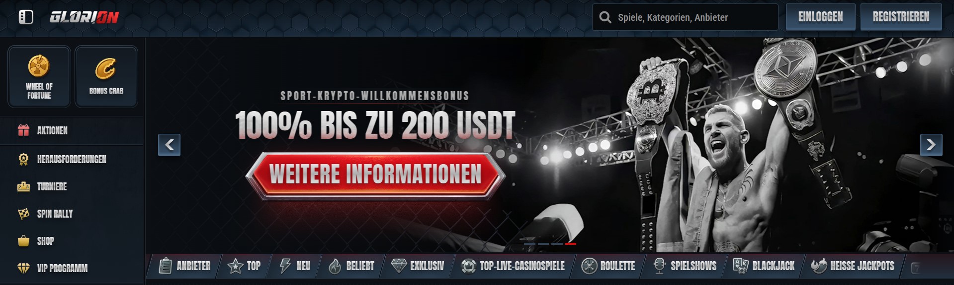 Promotionsbanner für die Online ohne OASIS Plattform GLORION mit einem Sportler, der Krypto-Championship-Gürtel mit Bitcoin- und Ethereum-Symbolen präsentiert, um moderne Casino- und Kryptowährungselemente zu verbinden.